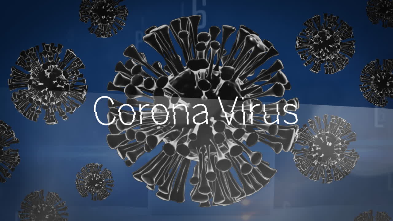 animación del texto del virus de la corona sobre las células de la covid 19 flotando sobre un fondo azul