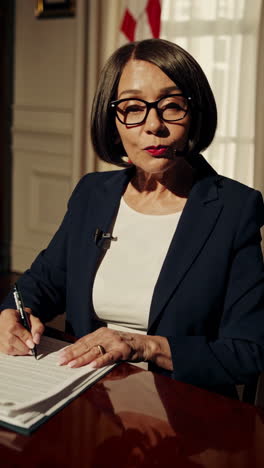 woman signing a document in government office