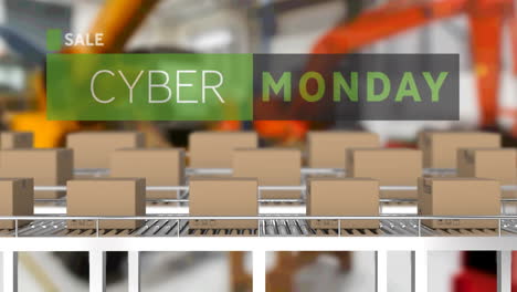 animation of cyber monday sale text over cardboard boxes on conveyor belts