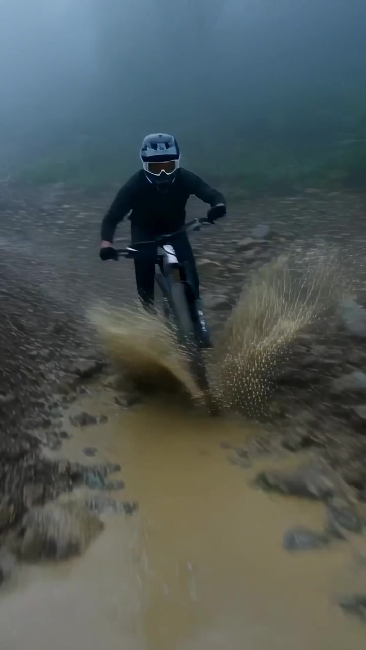 Vídeo vertical: Ciclista em descida reagindo a trilha íngreme e nebulosa, pilotando MTB com capacete.