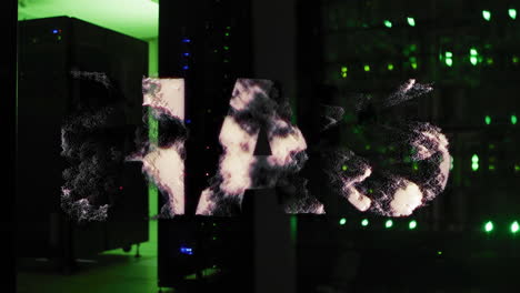 hacked text animation over server room with green lights