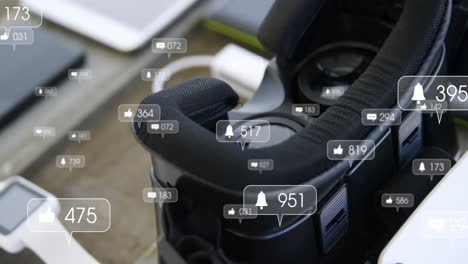 animation of social media icons and numbers on grey banners over vr headset