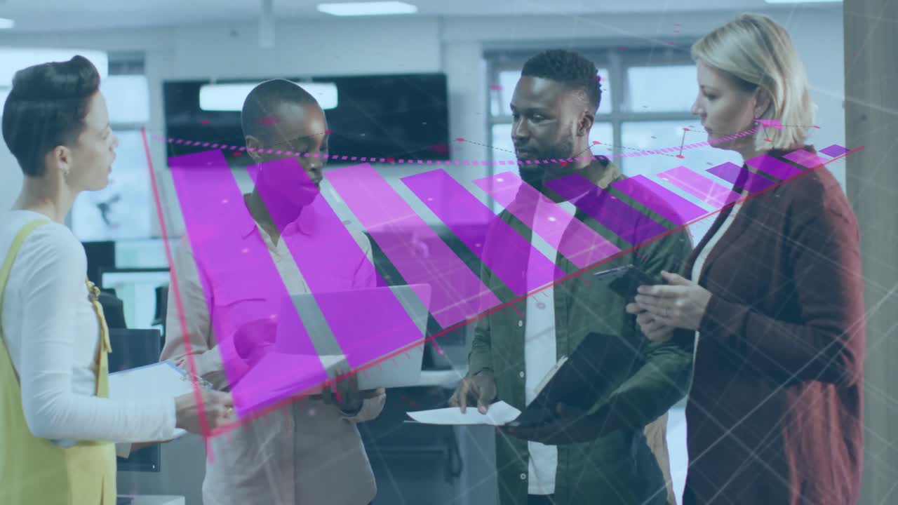 The gif displays a group of male and female business colleagues working in an office