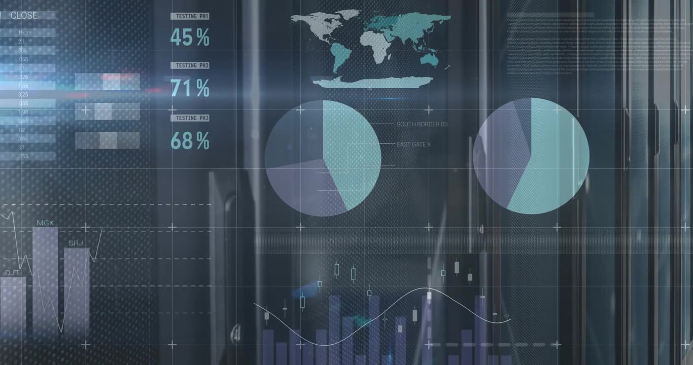 Afspilningshovedet bevæger sig, dobbelte cirkeldiagrammer skifter, mens søjler vokser og rater opdateres for at visualisere data.