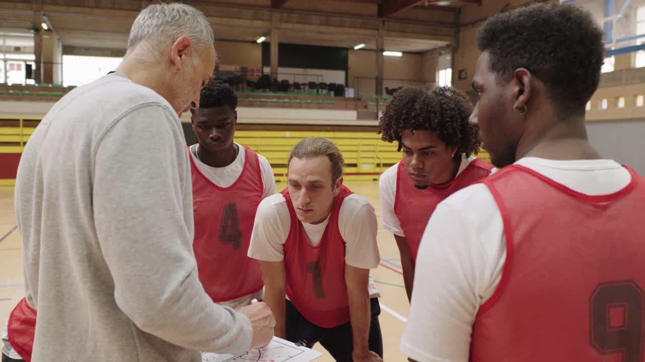 Basketball team strategizing with coach