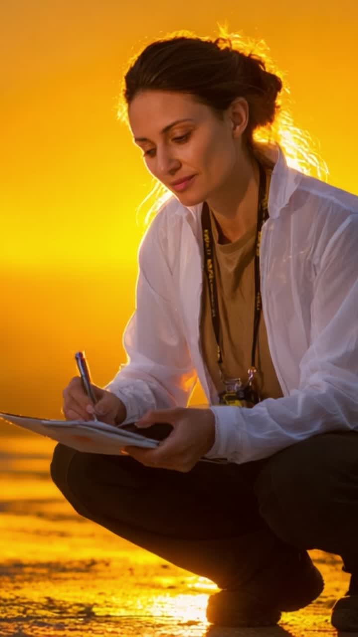 Una donna con una giacca bianca si concentra sulla sua scrittura durante un tramonto mozzafiato, catturando la bellezza della natura mentre è impegnata in una riflessione e un'osservazione ponderata