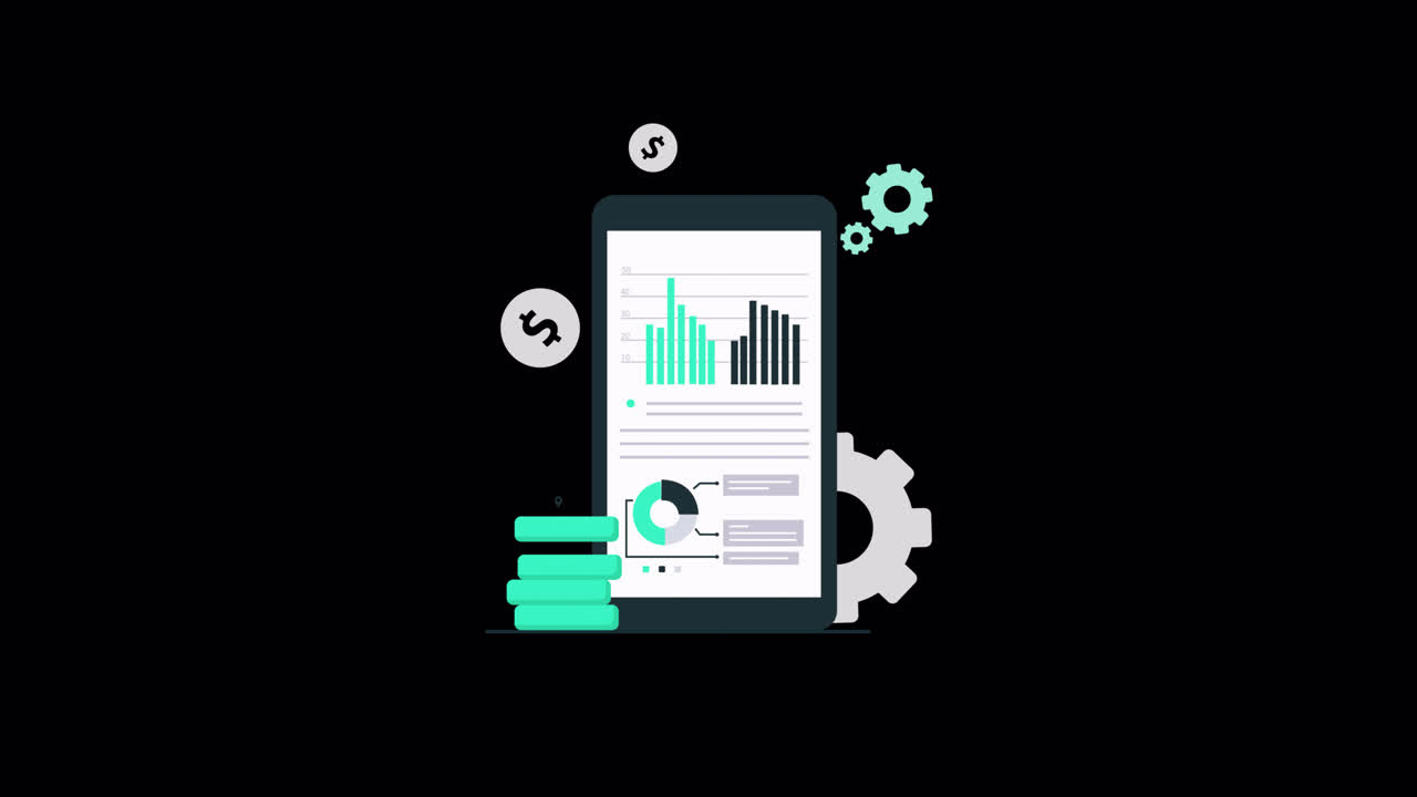 Animated Mobile Phone Displaying Business Data and Analytics