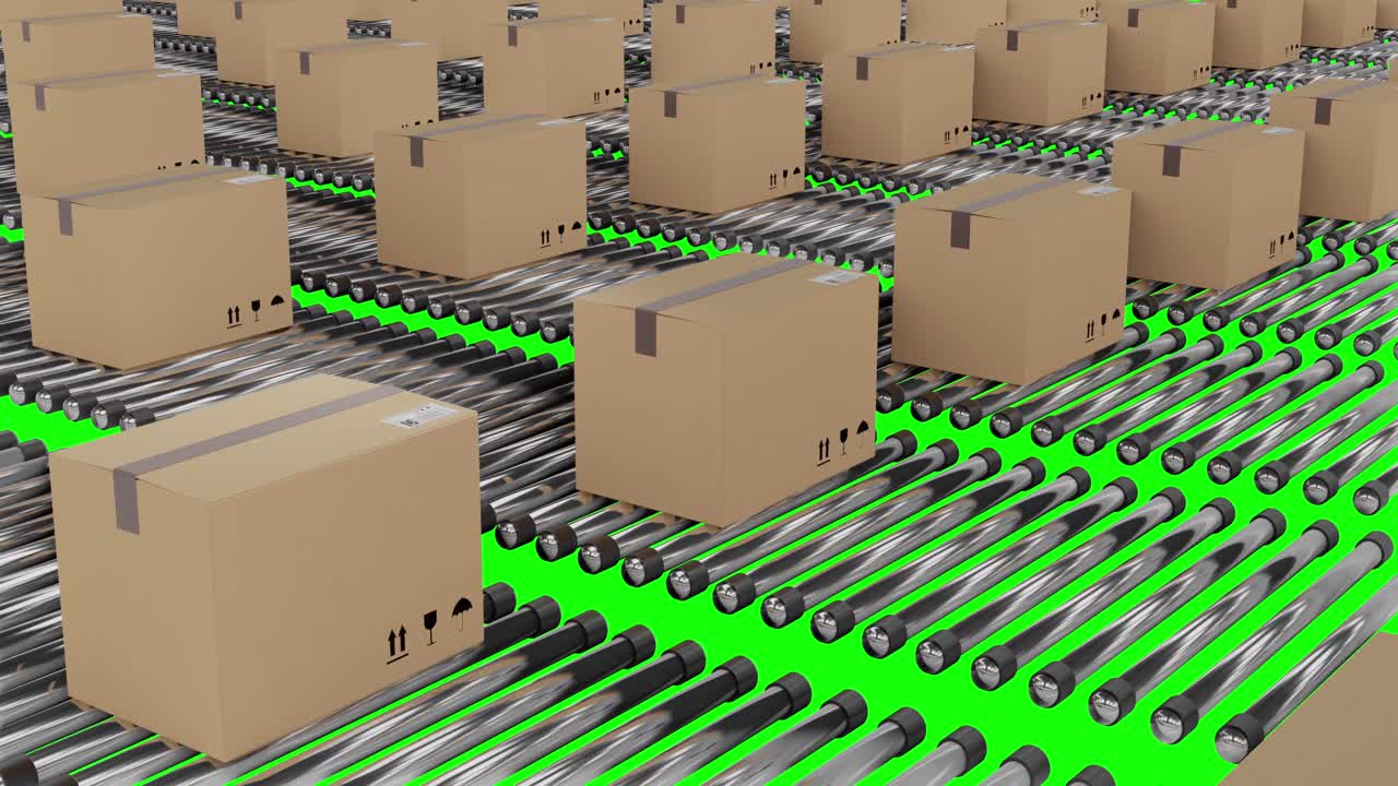 filas de cajas de embalaje de cartón que se mueven en cintas transportadoras con fondo de pantalla verde