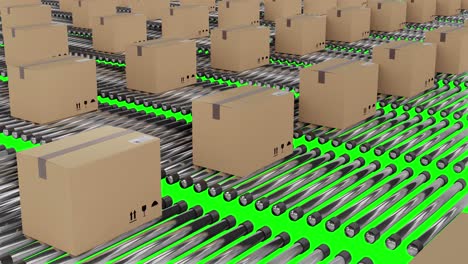 Rows-of-cardboard-packing-boxes-moving-on-conveyor-belts-with-green-screen-background