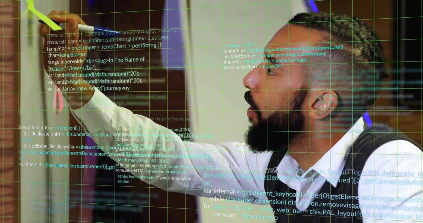 Tech educator contemplating board then drawing yellow arrow with code overlay showing software plan