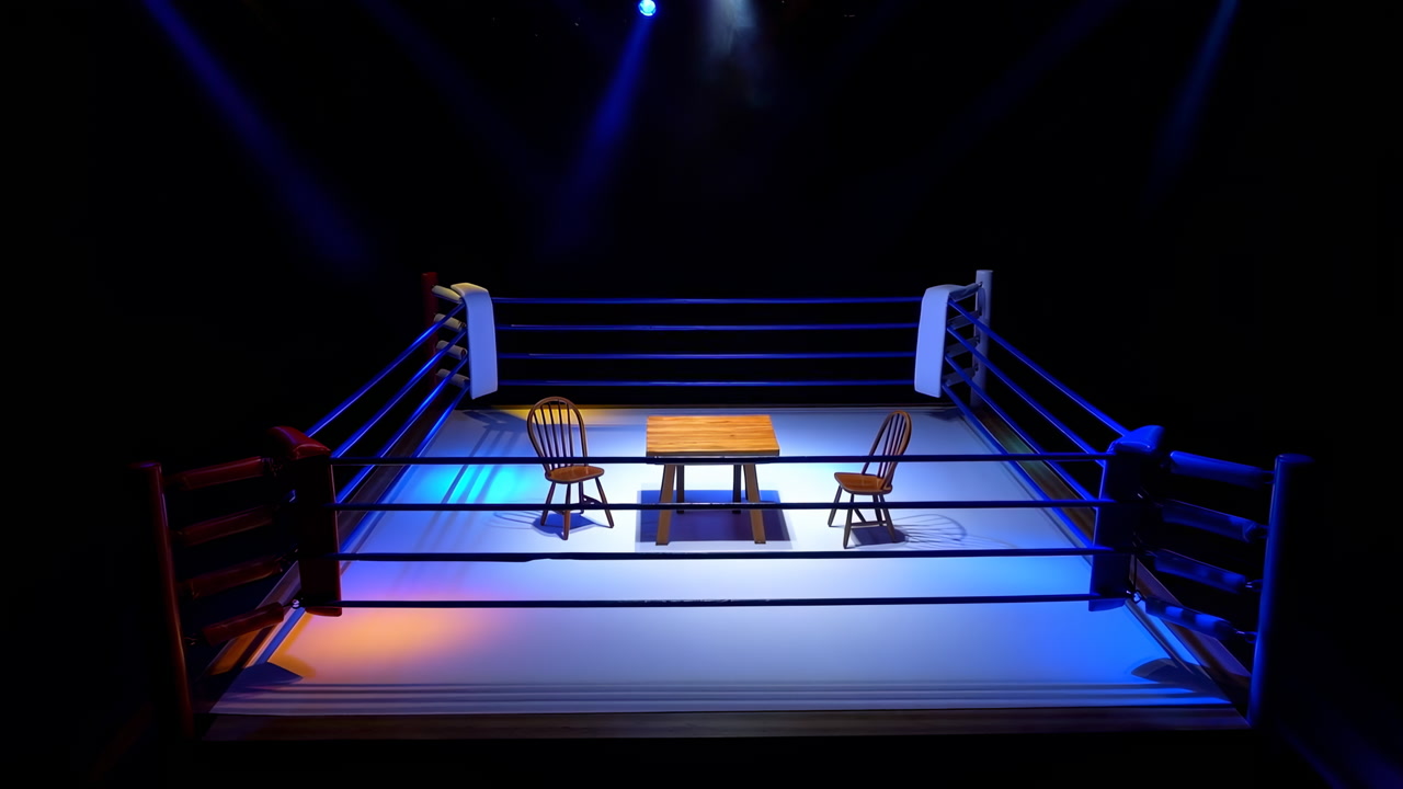 Empty Boxing Ring Interview Table Chairs, Dramatic Colored Spotlights Create Cinematic Mood, Two Wooden Chairs