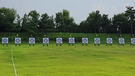 row of archery target boards stand in the green field