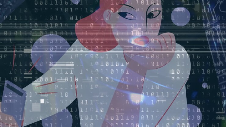 Animation of data processing over caucasian woman icon and computer circuit board