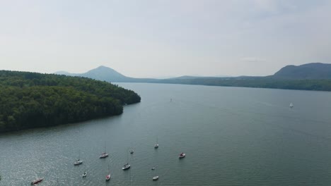 anchored boats over canadian lake in the province of quebec