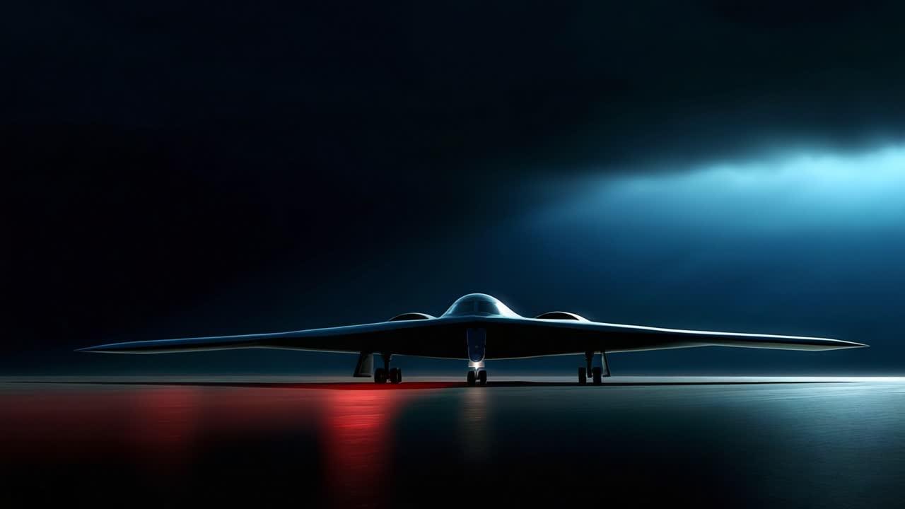 A Mysterious Stealth Aircraft Displaying Its Unique Design in an Atmospheric, Dark Environment with Striking Light Reflections Enhancing Its Futuristic Presence and Enigmatic Appeal