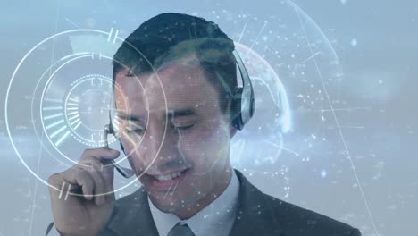 Animation-of-globe-over-business-man-using-phone-headset