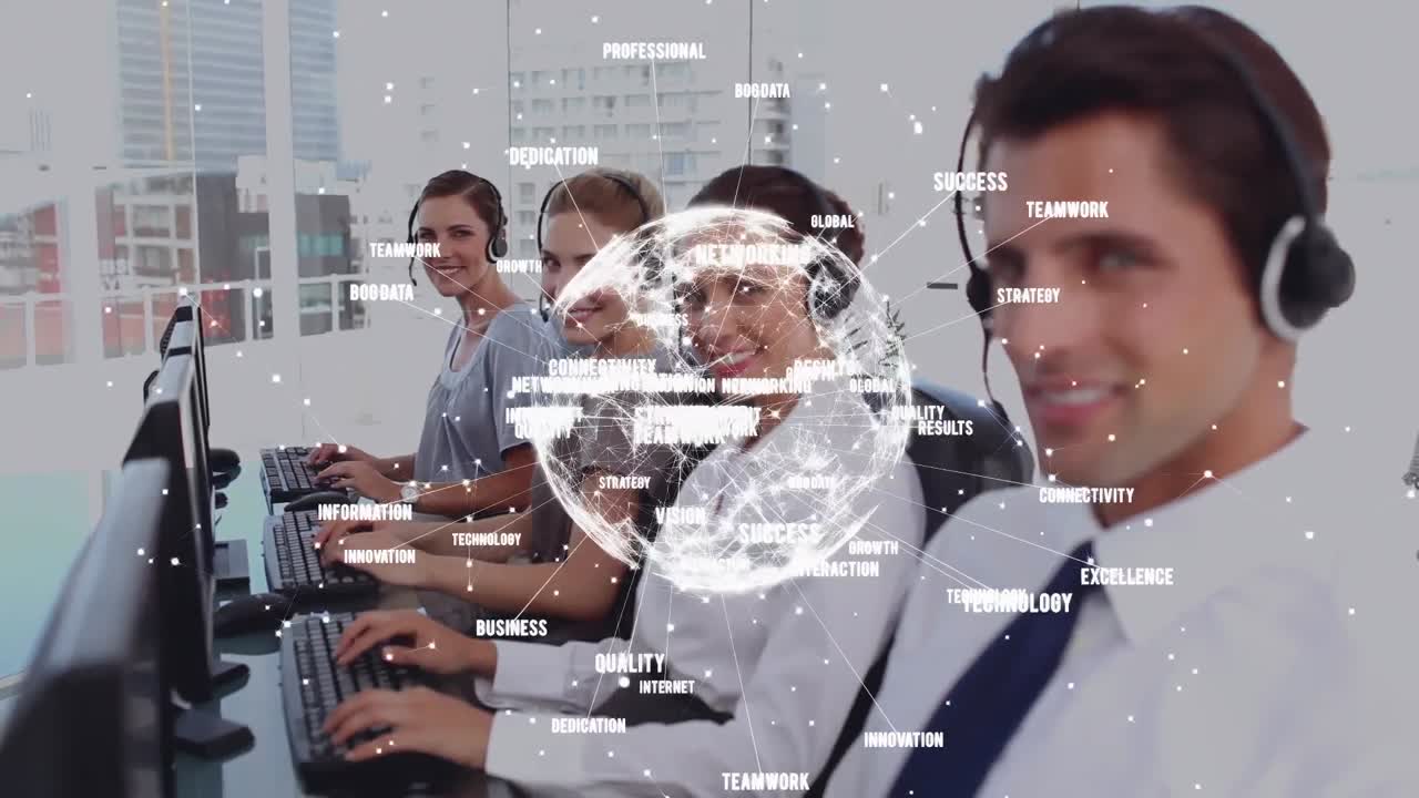 헤드 ⁇ 을 착용 한 사업가 들 과의 전 세계 및 연결 의 애니메이션