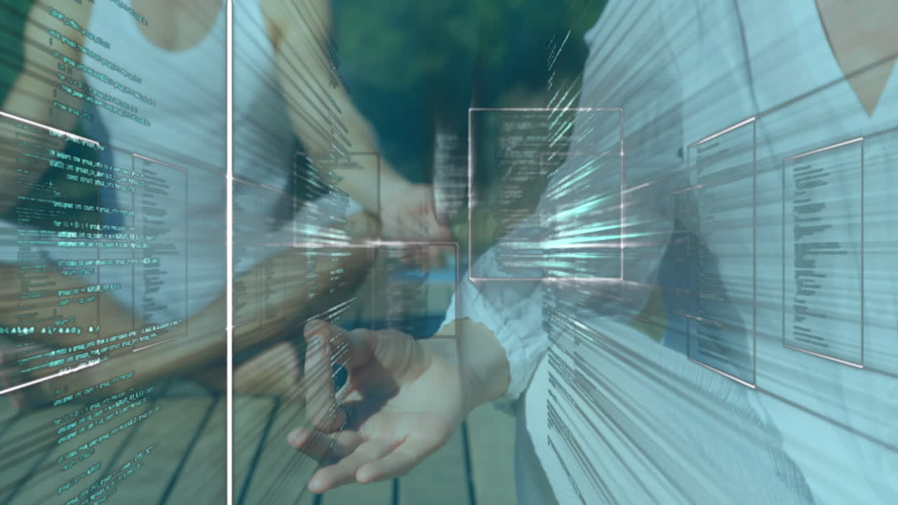 animación del procesamiento de datos sobre una pareja caucásica que medita