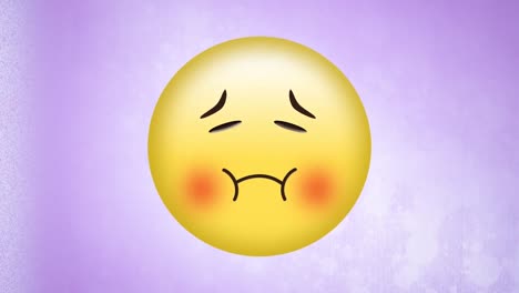 Animation-of-red-confetti-flying-past-over-sad-embarrassed-emoji-on-lilac-background