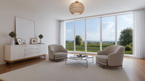 modern living room with panoramic countryside view