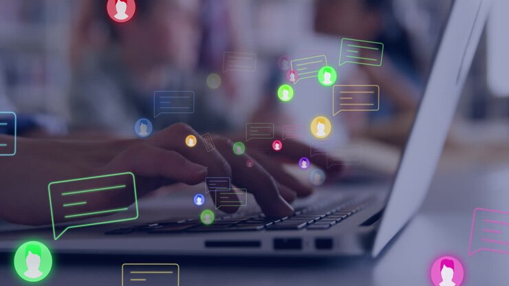 Animation of social media icons and data processing over woman using computer