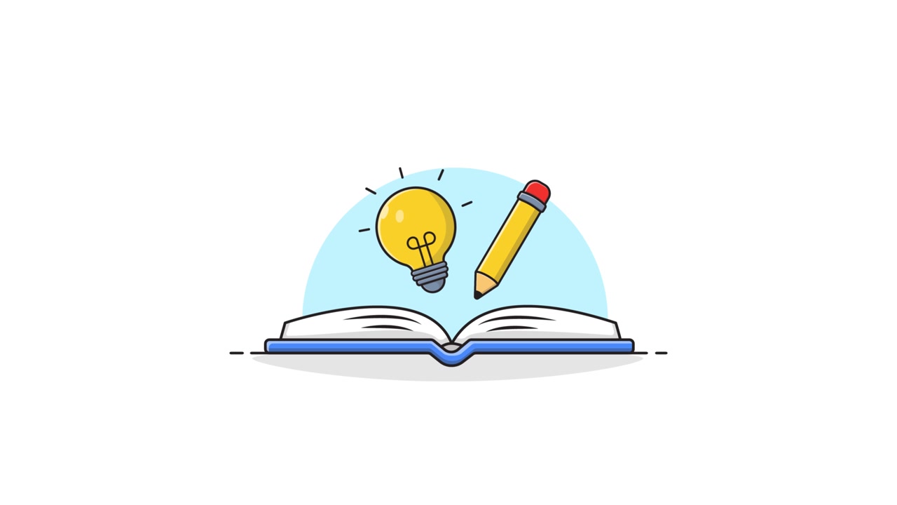 Animated Illustration of Book, Lightbulb, and Pencil for Ideas and Learning