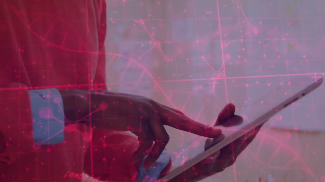 Man tapping and swiping tablet, initiating red data overlay and analyzing complex technology charts