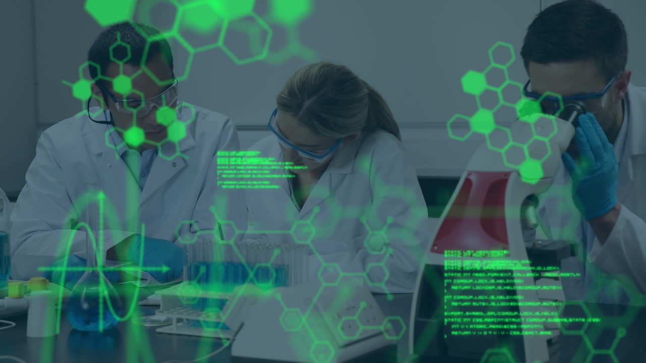 animación de datos científicos sobre diversos científicos en el laboratorio