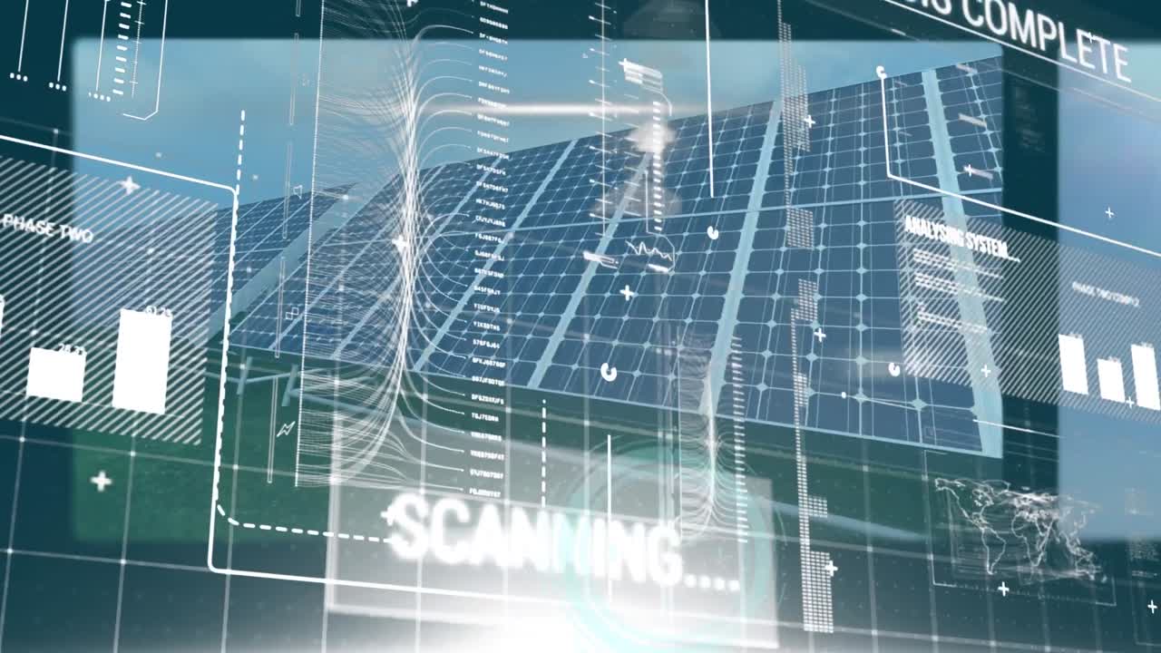 회전하는 풍차와 태양 패널을 가진 스크린을 통해 데이터 처리를 하는 인터페이스의 애니메이션