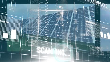 animation of interface with data processing over screens with spinning windmills and solar panels