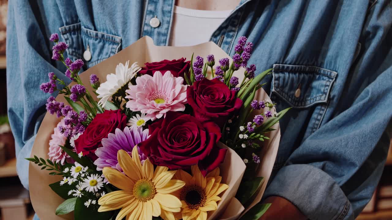 Vídeo em close-up de uma pessoa com uma jaqueta jeans segurando um buquê vibrante de flores variadas