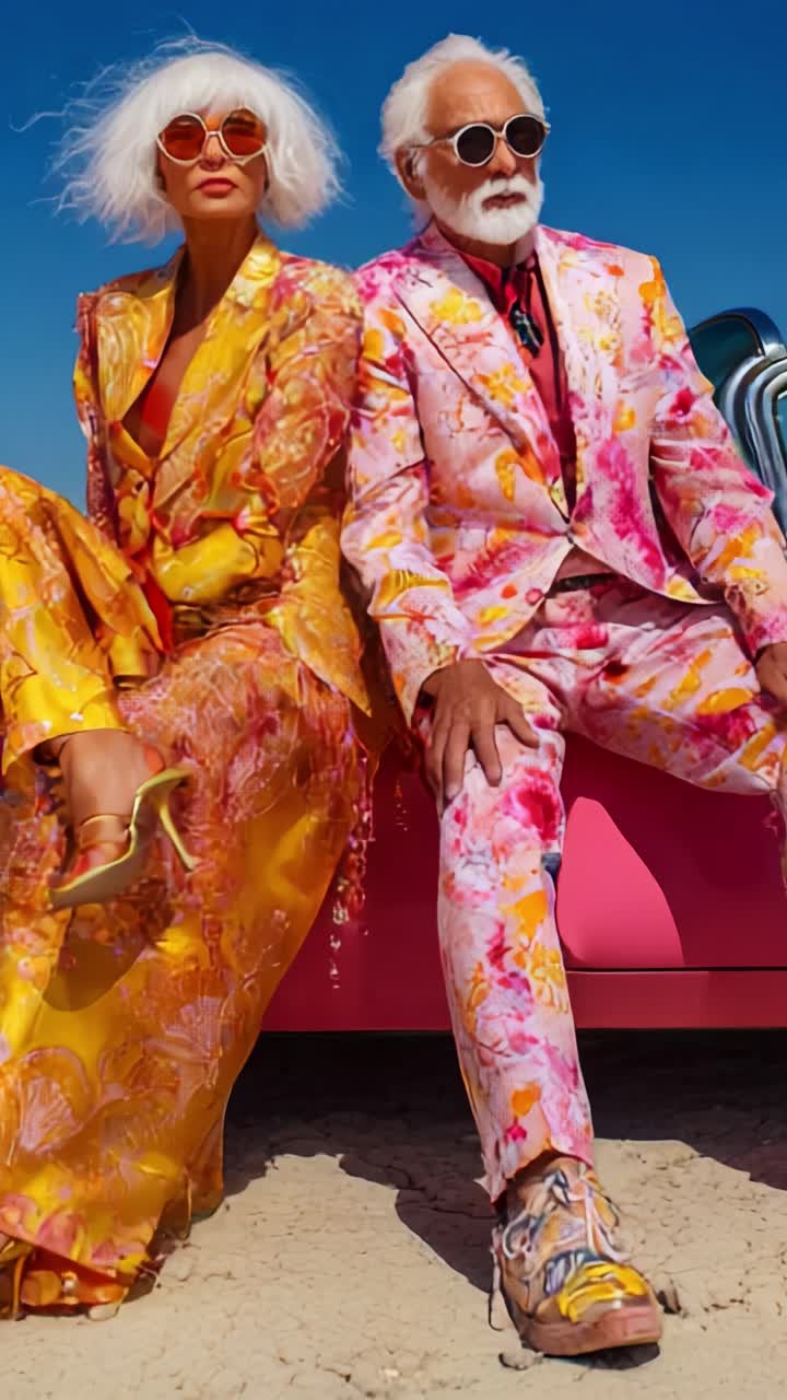 Stylish Couple in Bright, Colorful Outfits Against a Vibrant Background Showcasing Bold Fashion Choices and Glamorous Accessories Under the Clear Sky