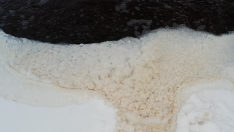 dark water stream form yellow foam thickening near frozen pond ice sheet