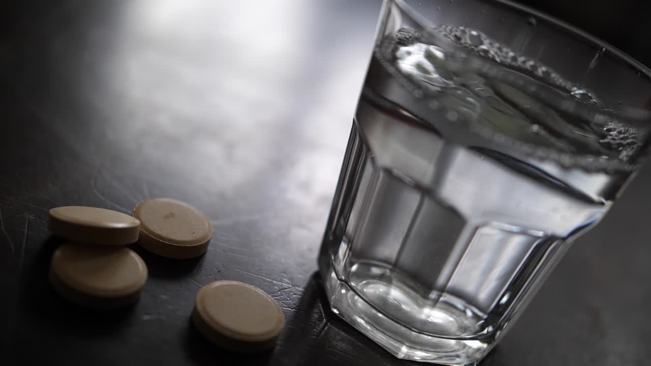 Water bubbling in full glass for effervescent vitamin c, coronavirus