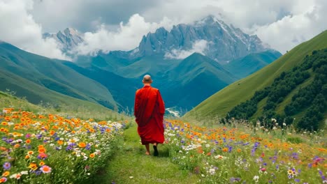 a man in a red robe walking through a field of flowers