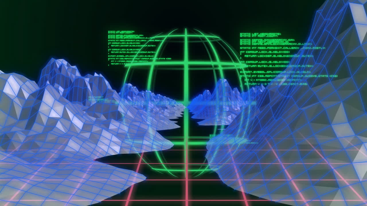 Futuristic digital landscape with grid patterns and glowing green sphere animation