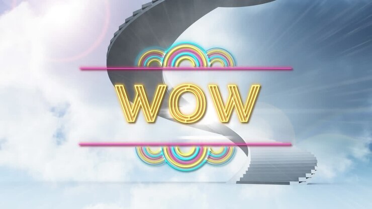 Animation af teksten 'wow' i gule bogstaver med flimrende neondekoration, en vindeltrappe og himmel.