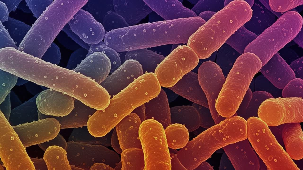 Close-Up Visualization of Bacterial Microorganisms Under Electron Microscope: A Colorful Display of Microbial Life and Cellular Structures