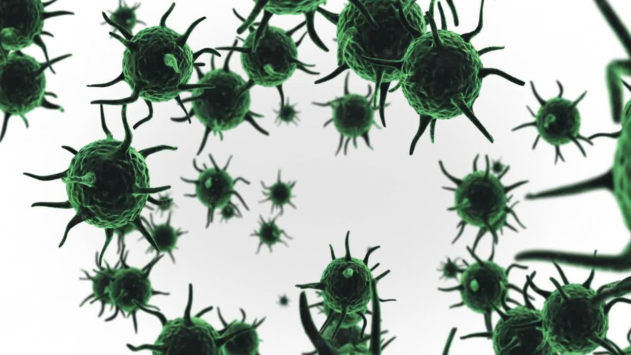 Digital generated virus cells flowing against white background