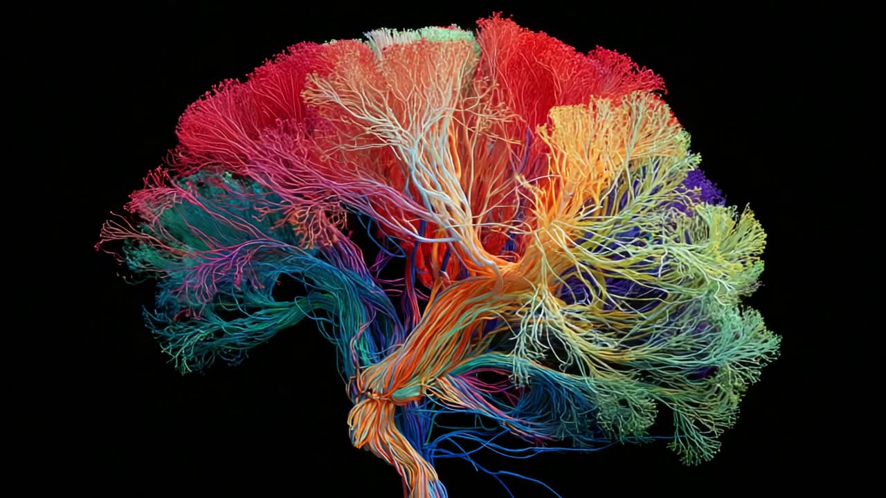 An Artistic Representation of a Brain's Neural Connections Highlighting Vivid Colors and Intricate Structures, Reflecting the Complexity of Human Thought and Emotions