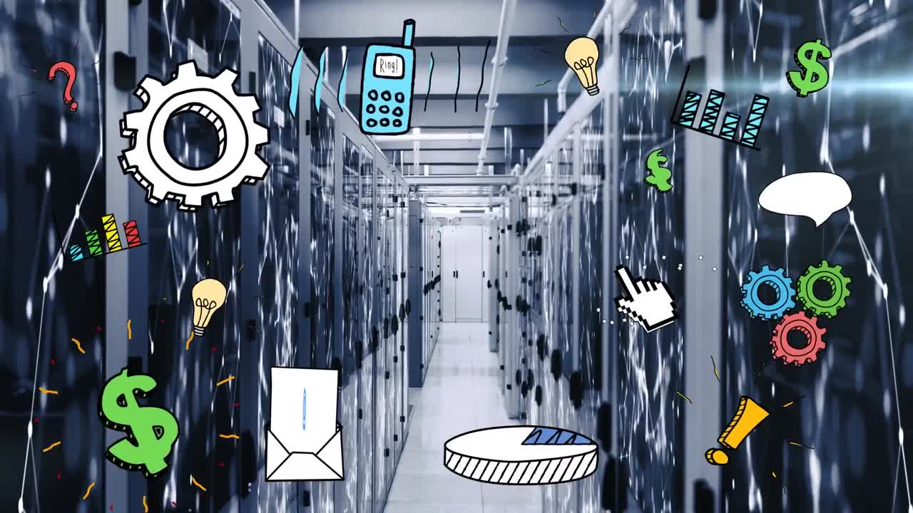 Animation of shapes and business icons over server room