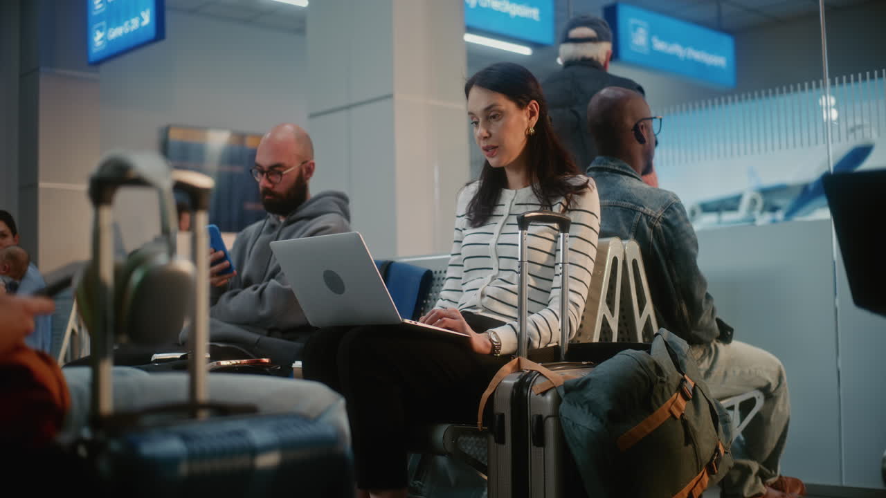 Woman working on laptop at the airport