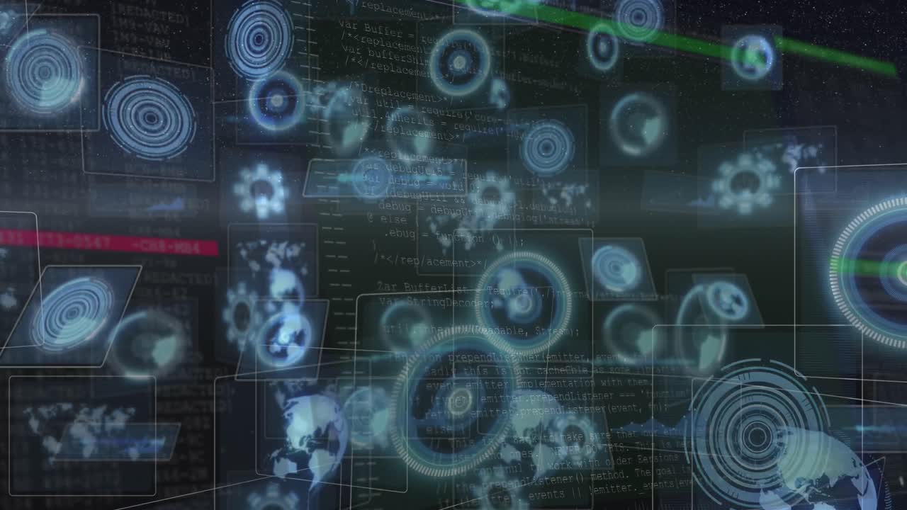 animación digital de escáner redondo múltiple contra el procesamiento de datos en fondo azul