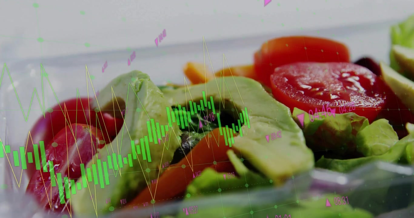 All'avvio, un overlay grafico pulsa, scorrendo su un contenitore di insalata che mostra avocado che rappresentano le tendenze.