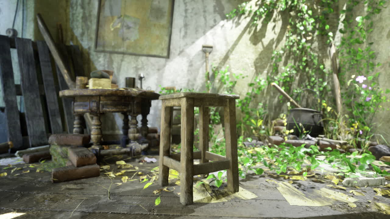 Old wooden stool surrounded by plants in a rustic sunlit room
