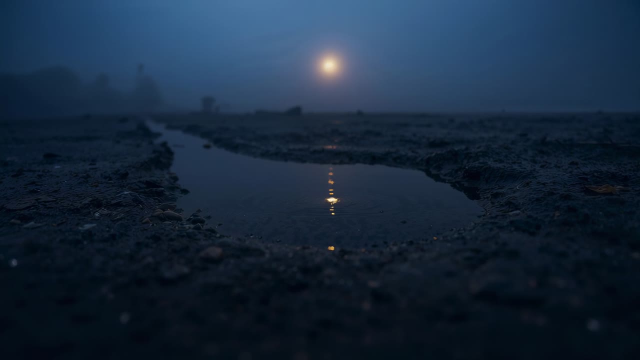 Shifting distant light causing shallow puddle reflecting on muddy field at dawn, with pebbles