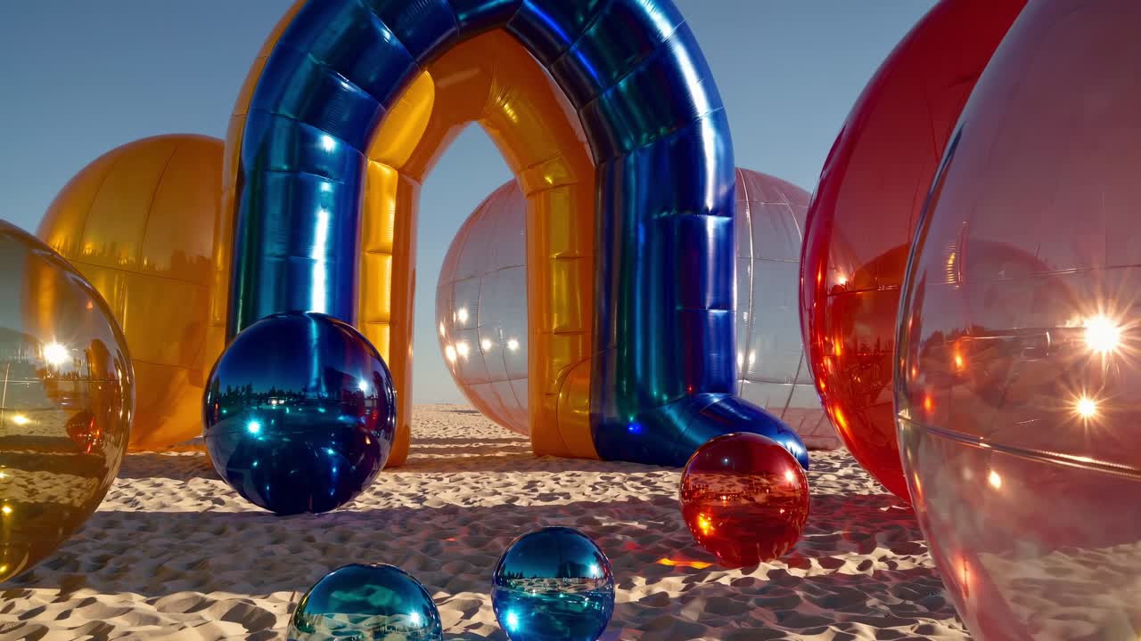 Paesaggio surreale gonfiabile con arco e sfere colorati che riflettono la luce del sole su una spiaggia sabbiosa, creando un'atmosfera giocosa e stravagante