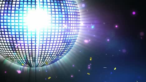 golden confetti falling over spinning purple disco ball and spots of light on blue background