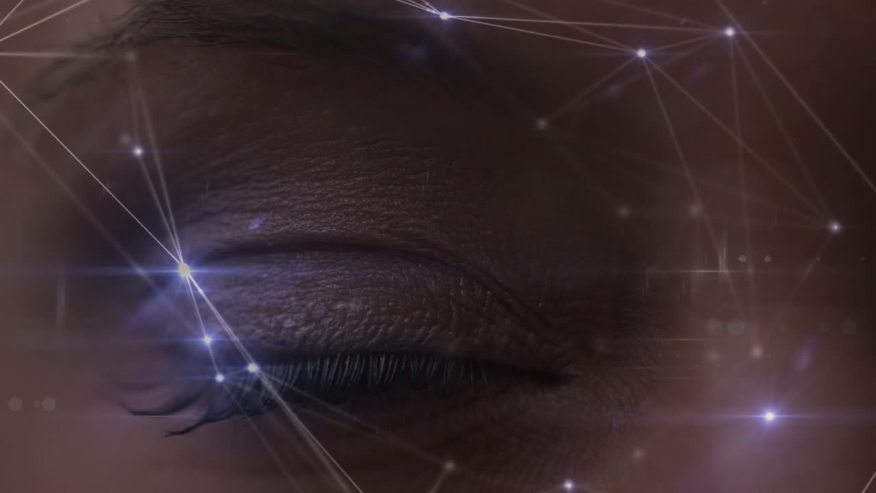Animation of connections over eye of caucasian woman