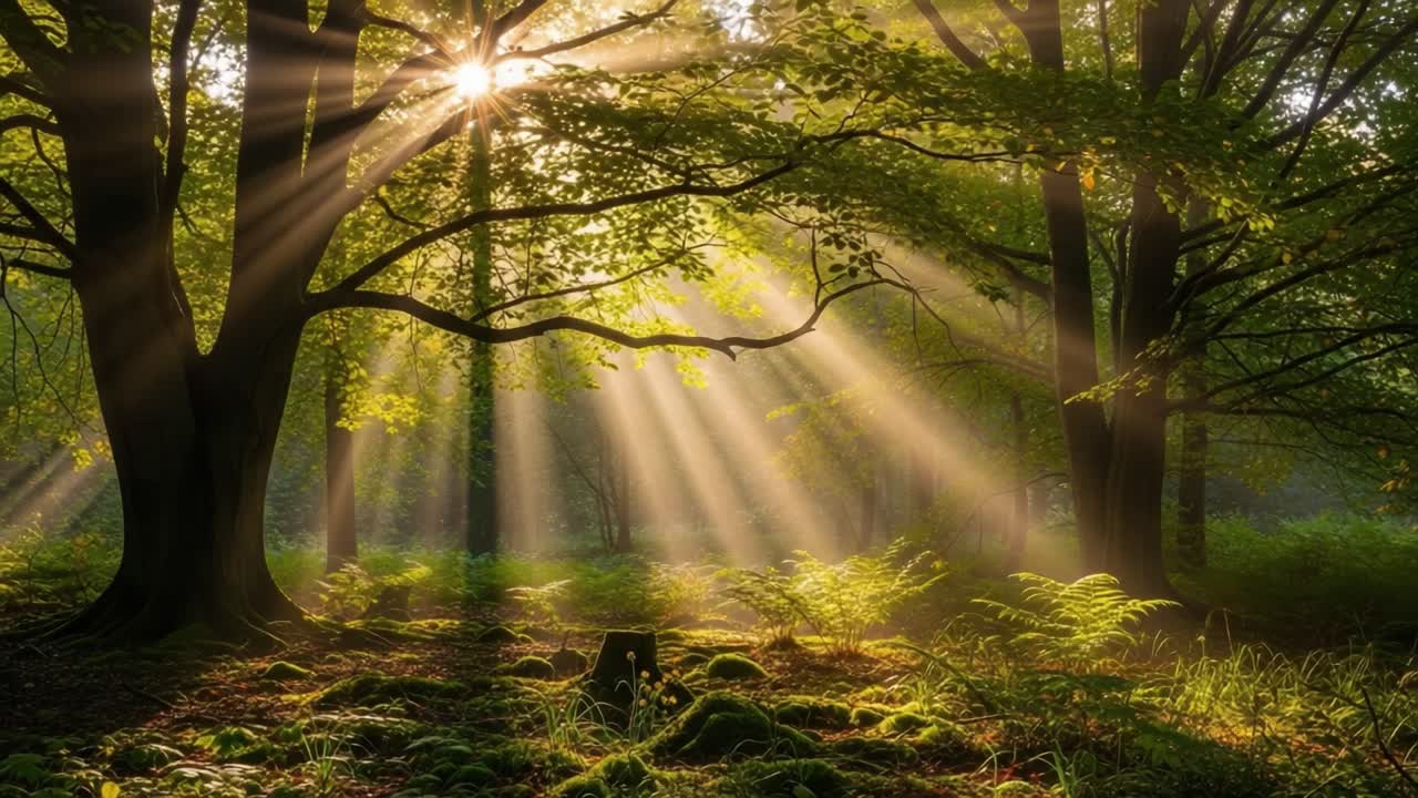 Captivating Rays of Sunshine Illuminate a Serene Forest Scene, Casting a Magical Glow on Lush Flora and Creating a Tranquil Atmosphere in Nature's Embrace
